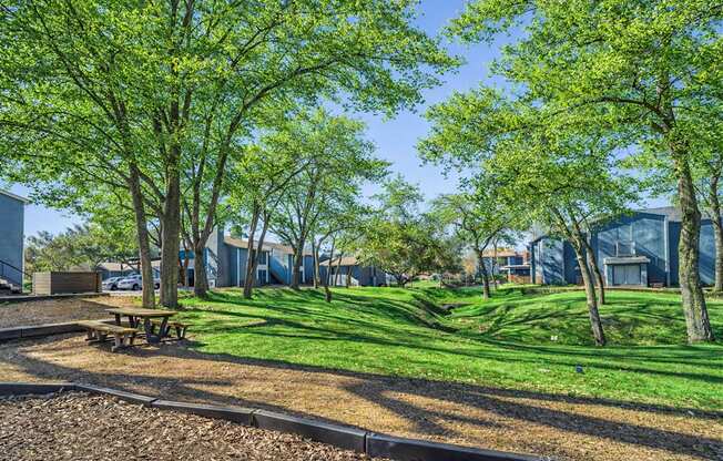 A park with a picnic table and trees.
