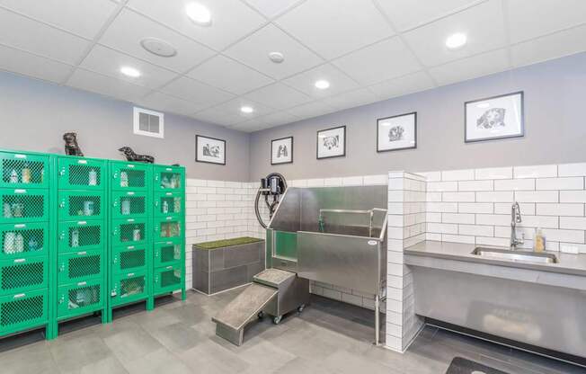 A clean, well-lit commercial kitchen with green storage containers and stainless steel appliances.
