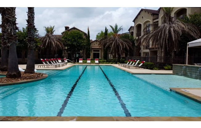 a large swimming pool with a bunch of palm trees in the background