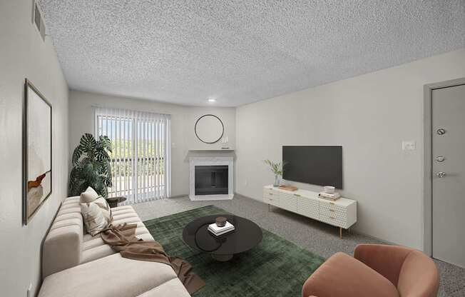 A living room with a couch, a coffee table, a television, and a plant.