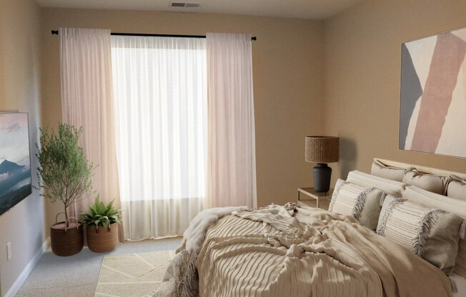 a bedroom with a bed and a window with white curtains
