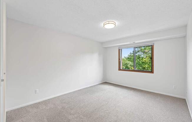 A room with a window and carpeted floor.