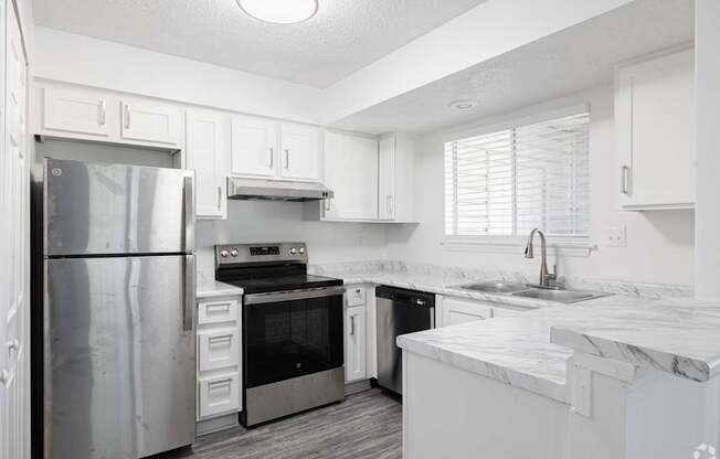 A modern kitchen with white cabinets and stainless steel appliances.