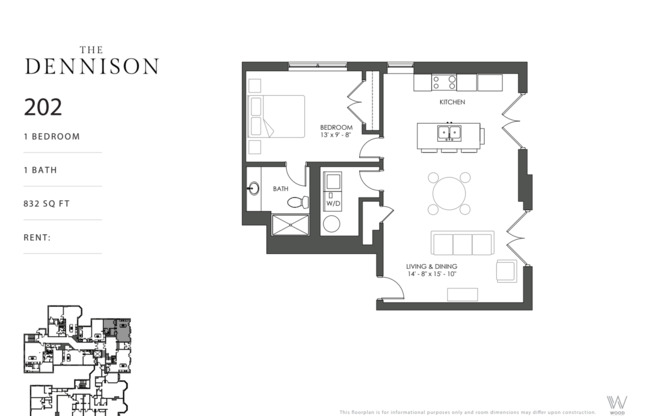 1 bed, 1 bath, 832 sqft, $1,645, Unit 202