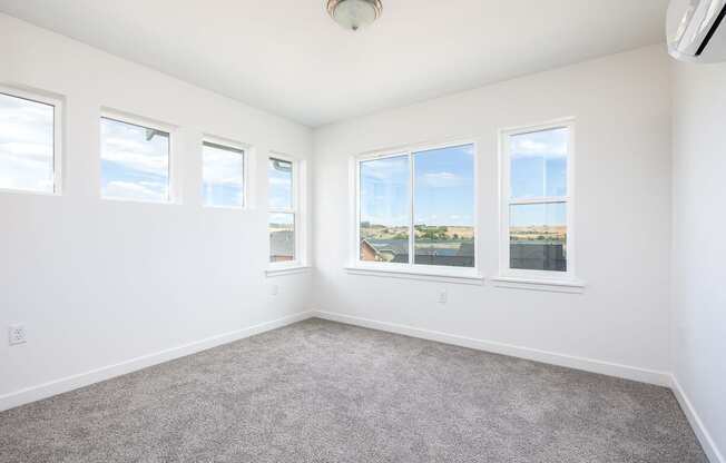 an empty room with four windows and a carpet