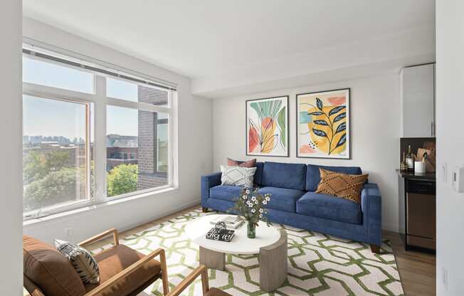 a living room with a blue couch and a green and white rug