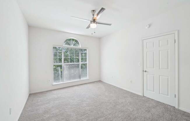 A great naturally lighted room with carpet, a ceiling fan and a window.