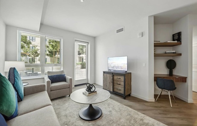 Decorated living room at Bayview Apartments, Emeryville, 94608