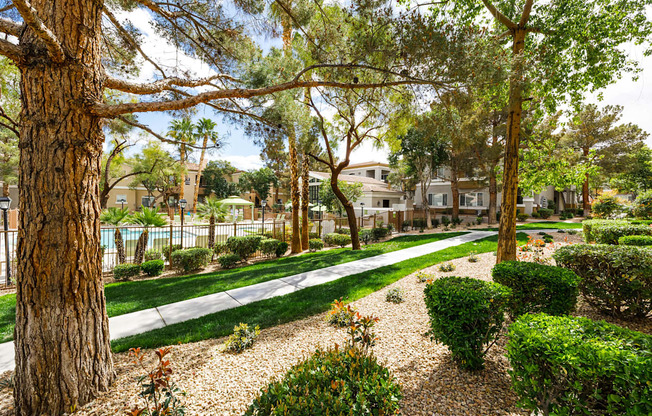 a view of a park with trees and a sidewalk