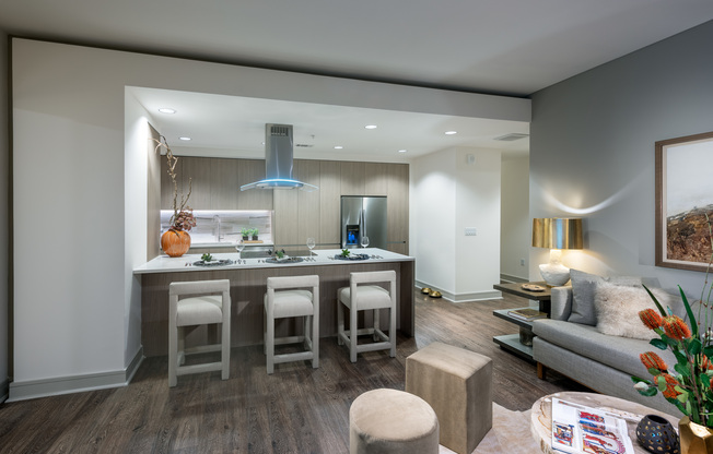 Open-concept living and kitchen space with dark wood-style floors, a large peninsula with an electric range and stainless steel overhead hood, and ash-blond wood cabinets.