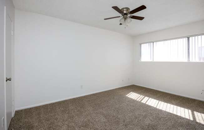 a room with carpet and a ceiling fan