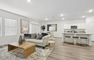 living room with kitchen and modern decorations