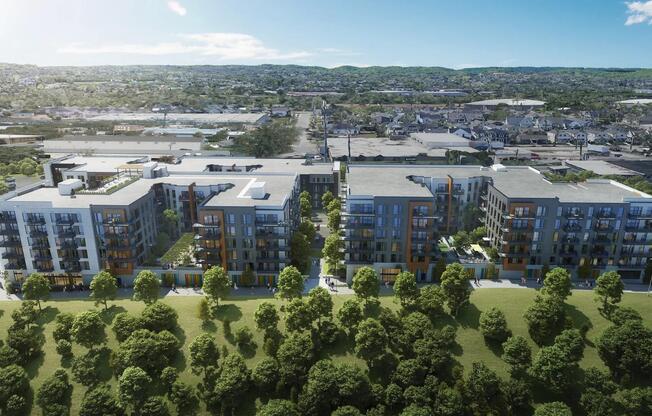 Modera Nations features multiple outdoor courtyards with grilling areas, firepits, and lounge seating.