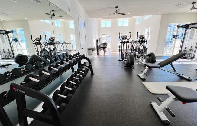 a fitness room filled with weights and cardio equipment at The Fitzroy San Marcos, San Marcos