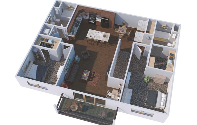 an overhead view of a 3d floor plan of a house