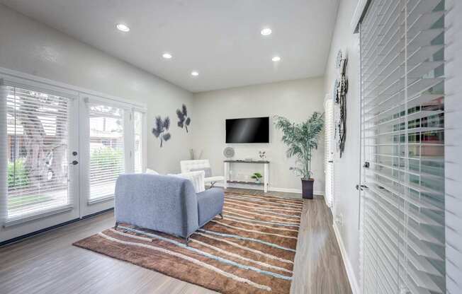 A living room with a grey sofa and a brown rug.