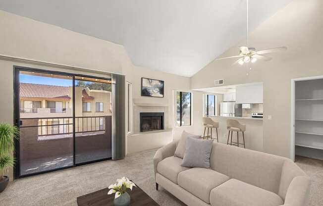 Living Room with Fireplace at Copper Point Apartments in Mesa Arizona