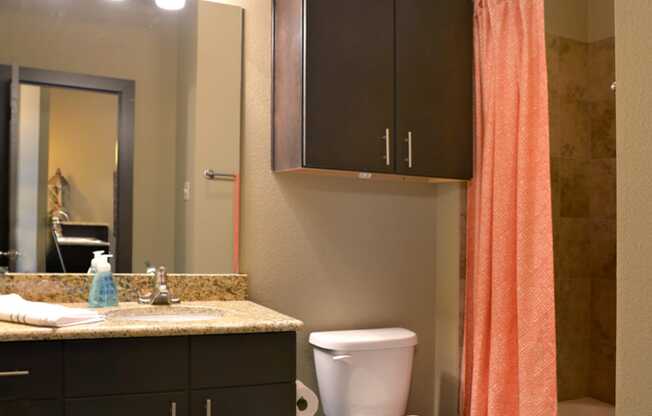 a bathroom with an orange shower curtain and a toilet and sink