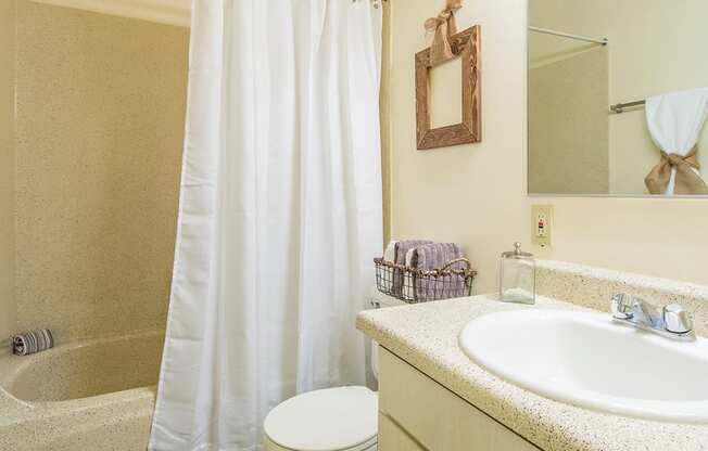 Tanglewood bathroom with shower tub combo and nice vanity sink