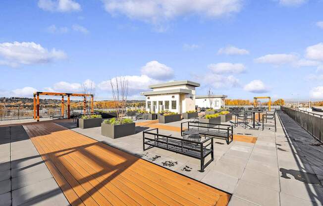 A park with a wooden walkway and benches.