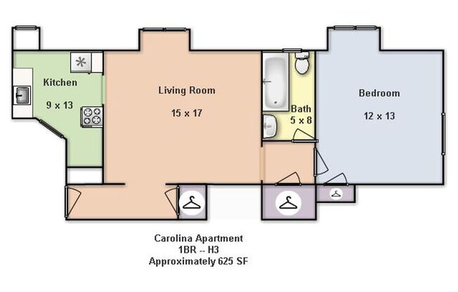 1 bed, 1 bath, 575 sqft, $1,550, Unit H3