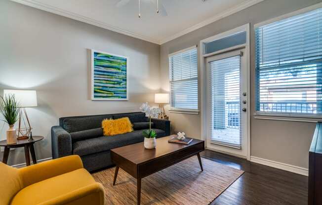 a living room with a couch and a coffee table