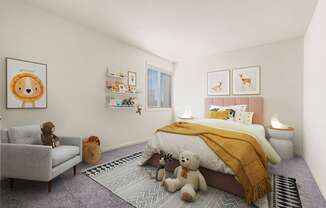 A child's bedroom with a bed, chair, and stuffed animals.