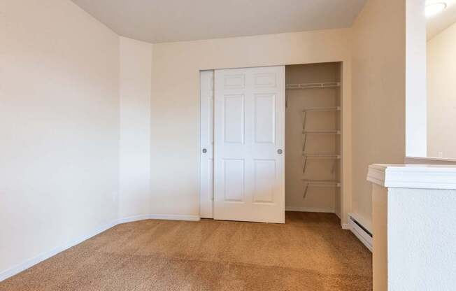 A room with a white door and a brown carpet.