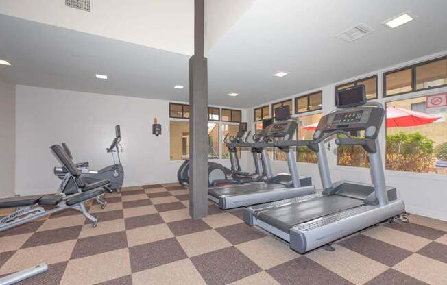 A gym with treadmills, exercise bikes, and a television.