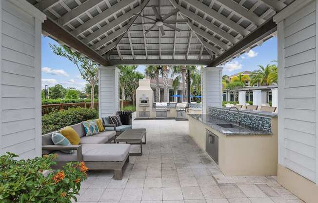 a covered patio with couches and a bar and a grill