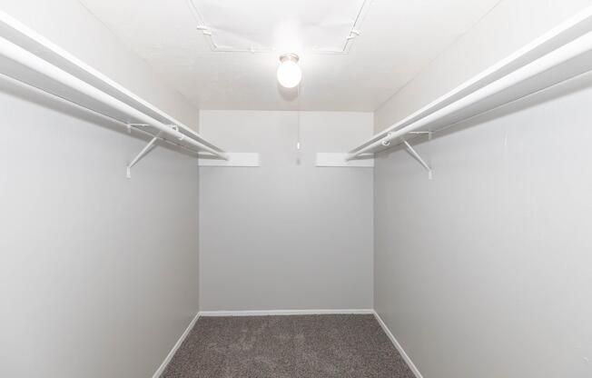 A spacious, empty closet featuring white walls and two hanging rods on either side. The floor is covered in grey carpet, and there's a ceiling light fixture providing illumination from above. The overall appearance is clean and minimalist.