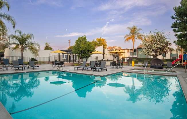 A large swimming pool with a reflection of the surrounding trees.