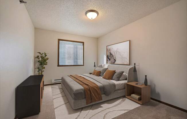 the view of a bedroom with a bed and a window. Fargo, ND Eagle Run Apartments