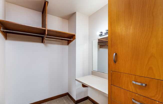 a walk in closet with a mirror and a dresser