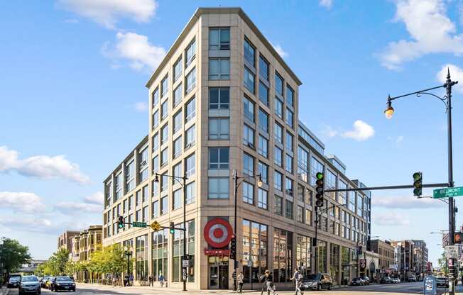 a tall building with many windows and a red target sign in front of it at Lakeview 3200 Apartments, Illinois