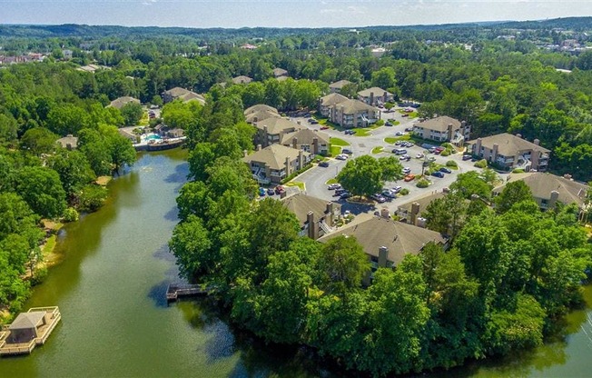 an aerial view of a flooded neighborhood with trees and a river