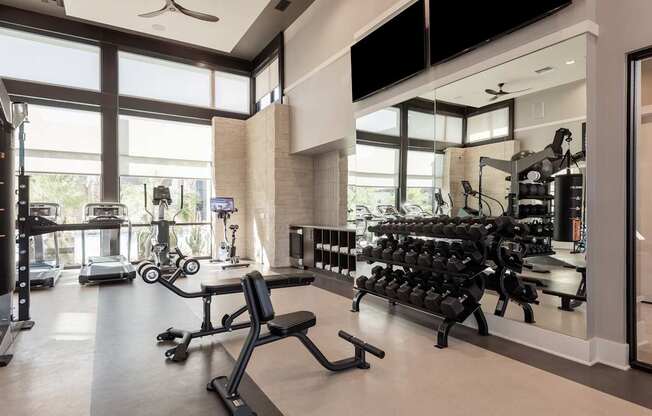 A gym with a variety of equipment including weights and machines.