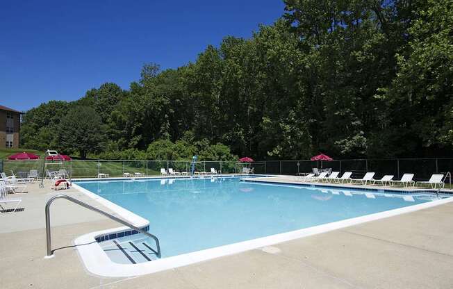 A large swimming pool surrounded by trees and chairs.