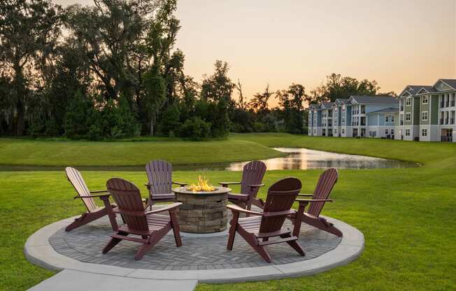 A fire pit surrounded by chairs in a backyard.