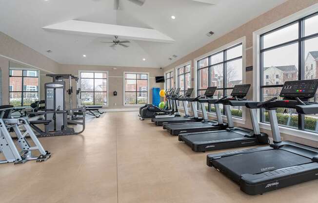 A spacious gym with treadmills and elliptical machines.