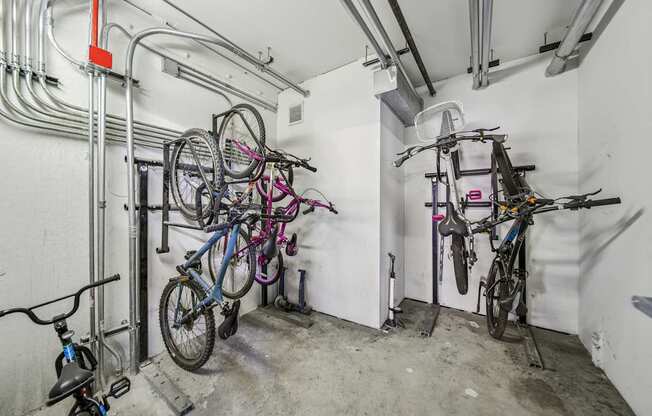 Secure indoor bicycle storage available to residents at River 595 Apartments