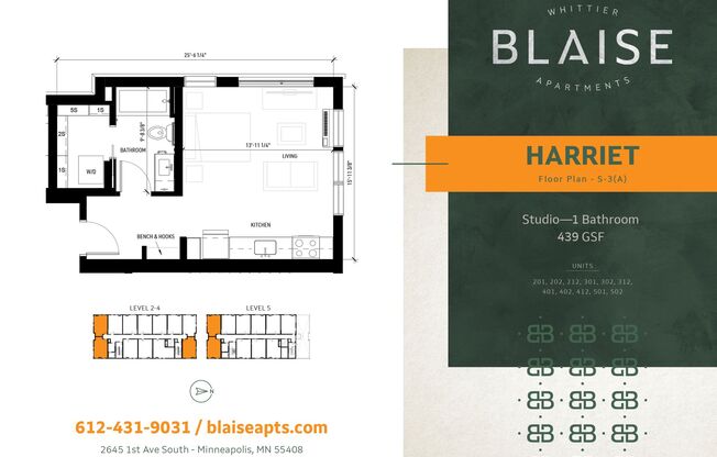 Studio, 1 bath, 439 sqft, $1,095, Unit 501