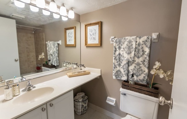 This is a photo of the bathroom in the upgraded 650 square foot, 1 bedroom model apartment at Deer Hill Apartments in Cincinnati, Ohio.