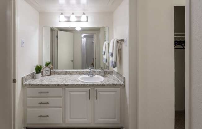 This is a photo of the bathroom in the 472 square foot 1 bedroom, 1 bath apartment at Princeton Court Apartments in the Vickery Meadow neighborhood of Dallas, Texas.
