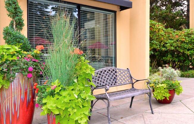 12 Central Square Bench with plants in decorative vases