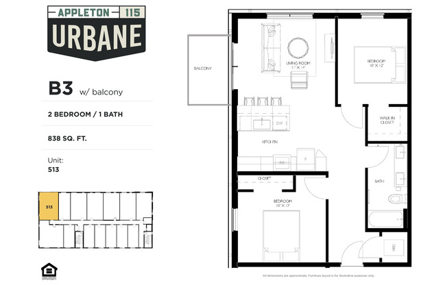 2 beds, 1 bath, 838 sqft, $1,895, Unit 413
