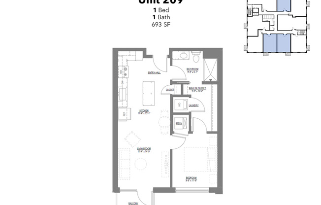 1 bed, 1 bath, 693 sqft, $1,425, Unit 209