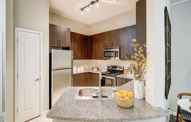 a kitchen with stainless steel appliances and a granite counter top