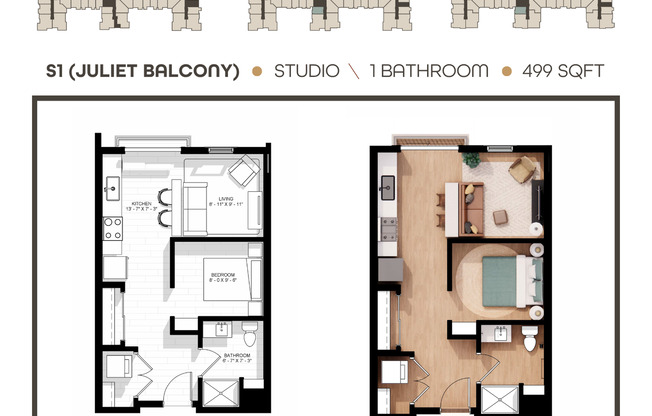 Studio, 1 bath, 499 sqft, $1,595, Unit 202