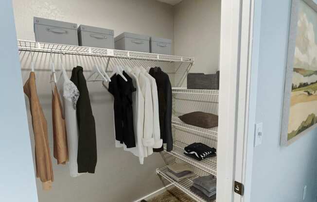 walk in closet with clothes hanging on the racks and folded on shelves